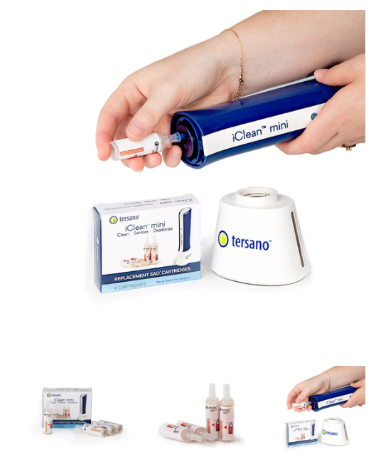 hand holding an iclean mini machine with 4  replacement cartridges