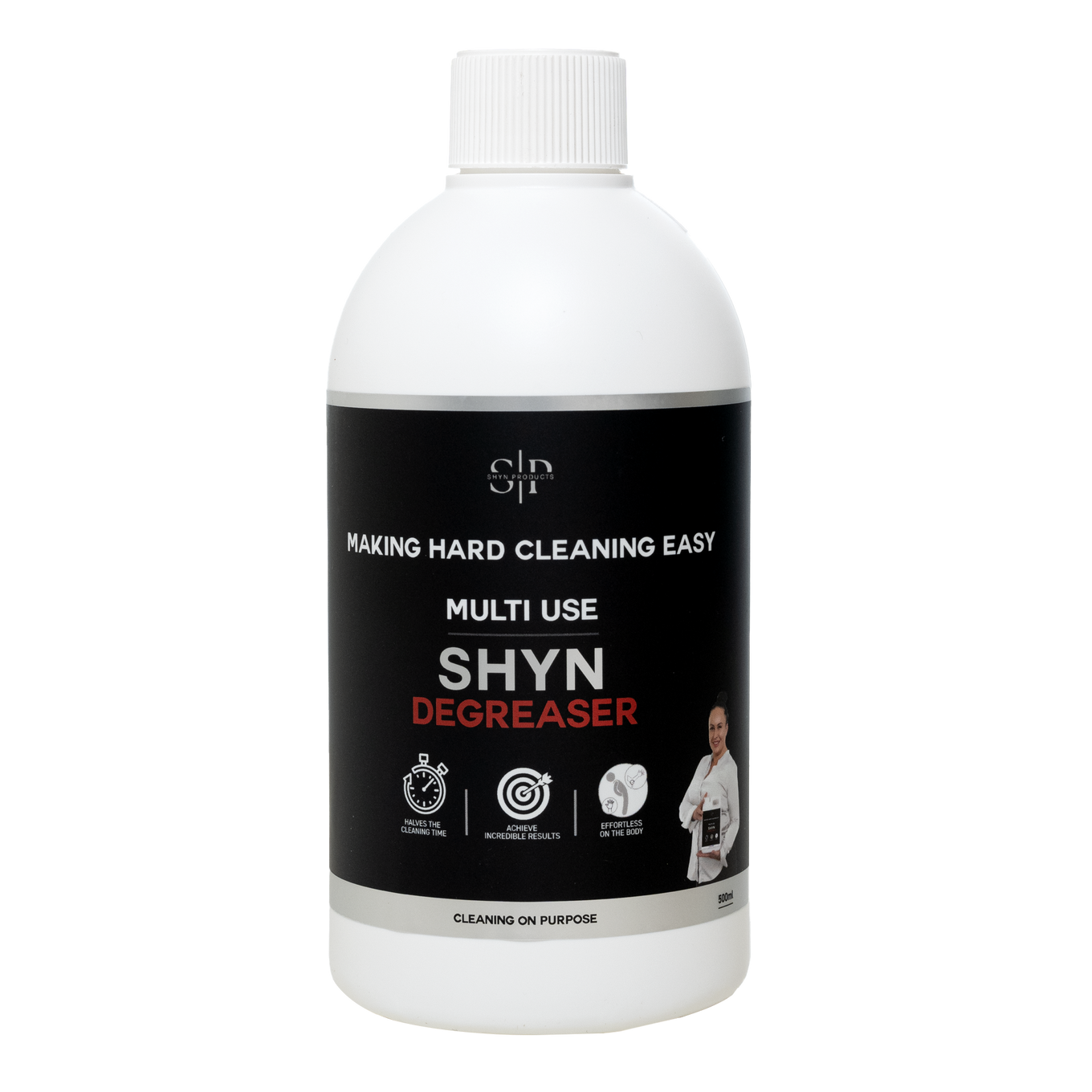 white bottle with a 500ml shyn degreaser