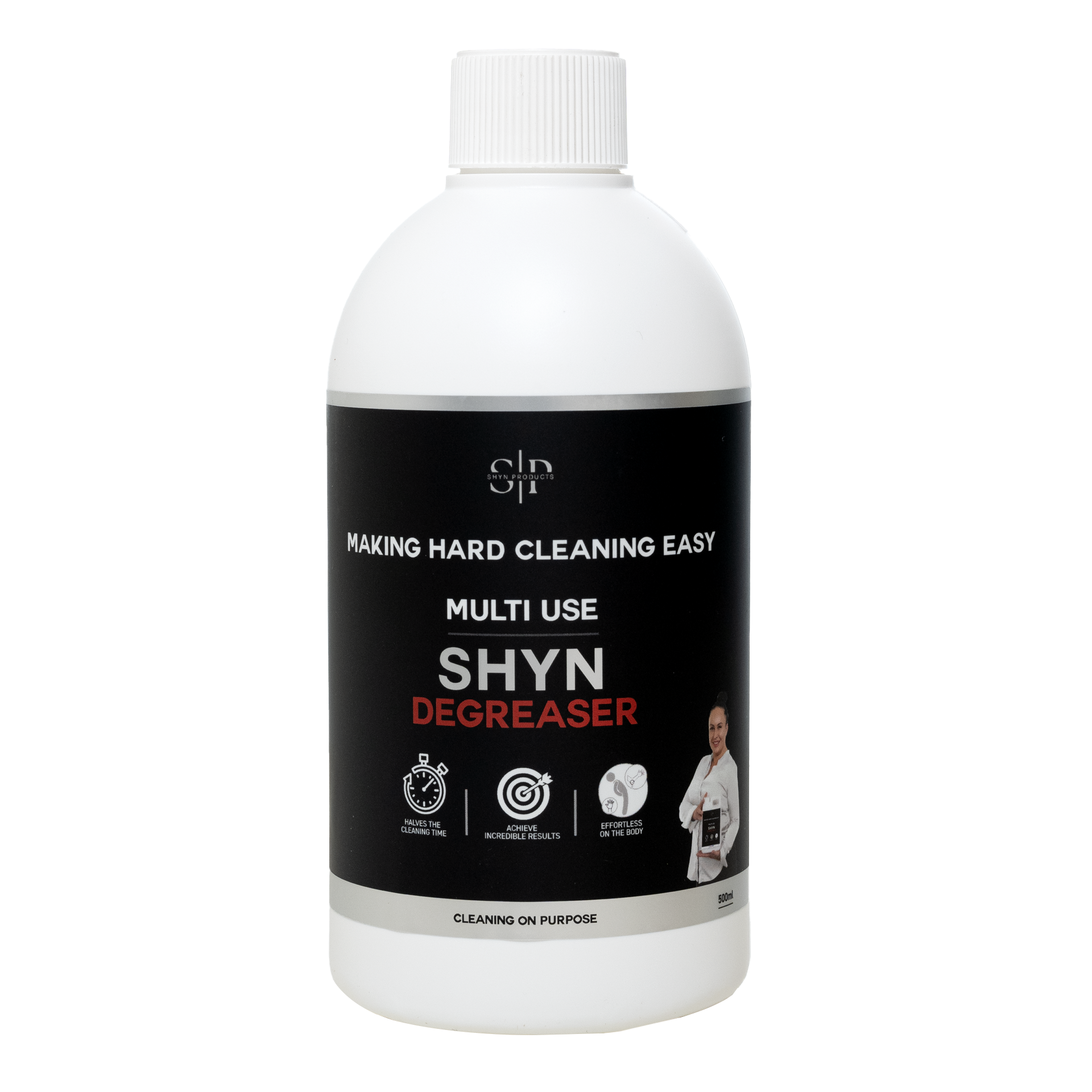 white bottle with a 500ml shyn degreaser