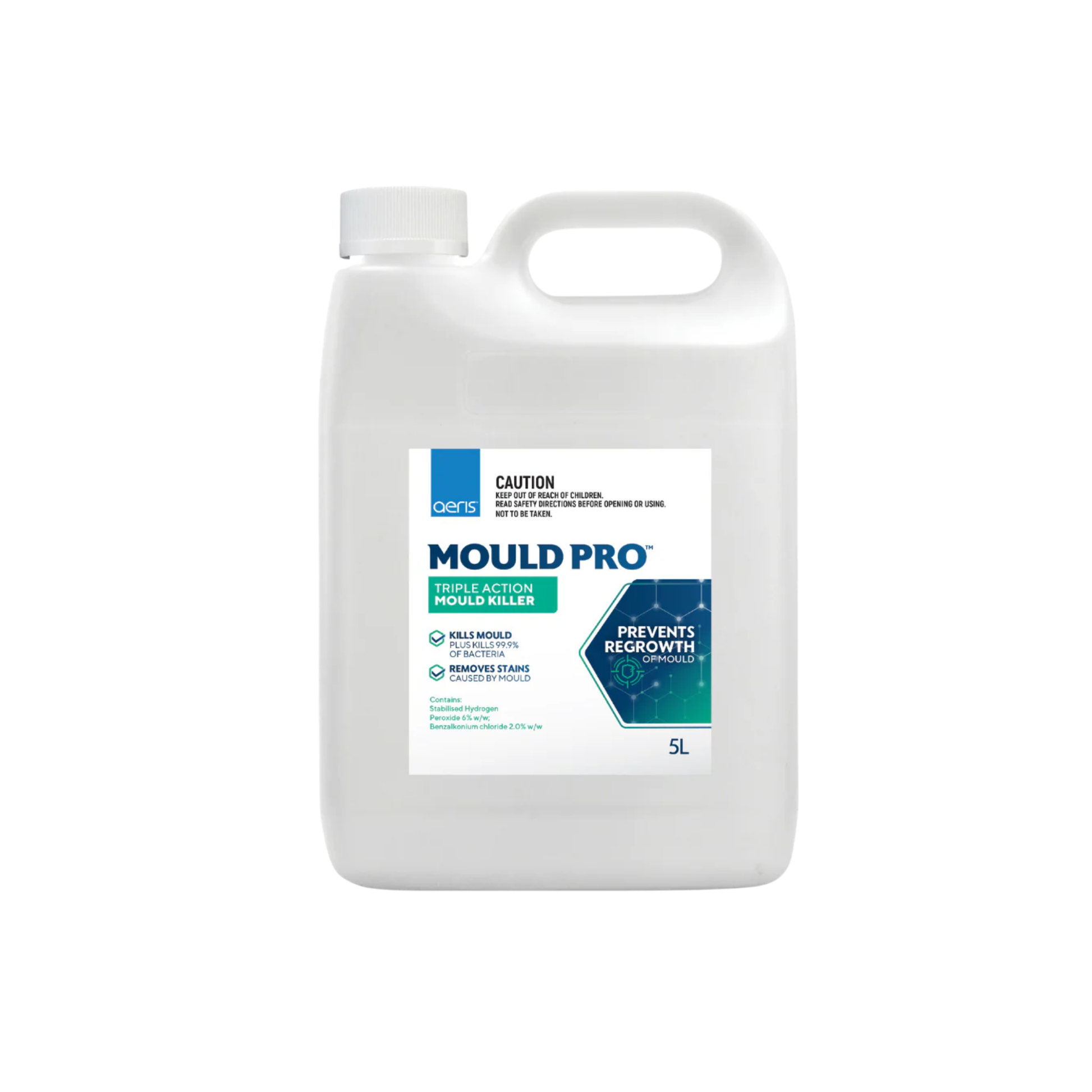 A 5-liter white plastic jug of QBI's Mould Pro Probiotic Killer, featuring a white label with blue and green accents, on a solid white background.