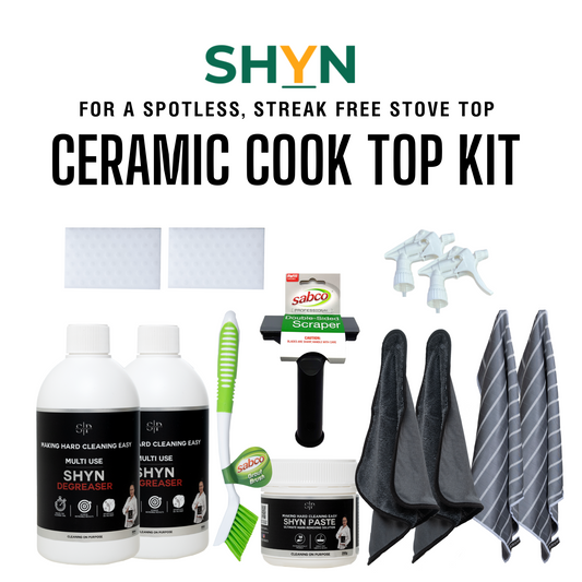 1 500ml shyn degreaser, 1 empty 5000ml bottle and trigger, 1 350g shyn paste, 1 sabco long bristle brush, 2 shyn double strength magic erasers, 2 shyn ultimate microfibre cloths, 2 shyn drying cloths
