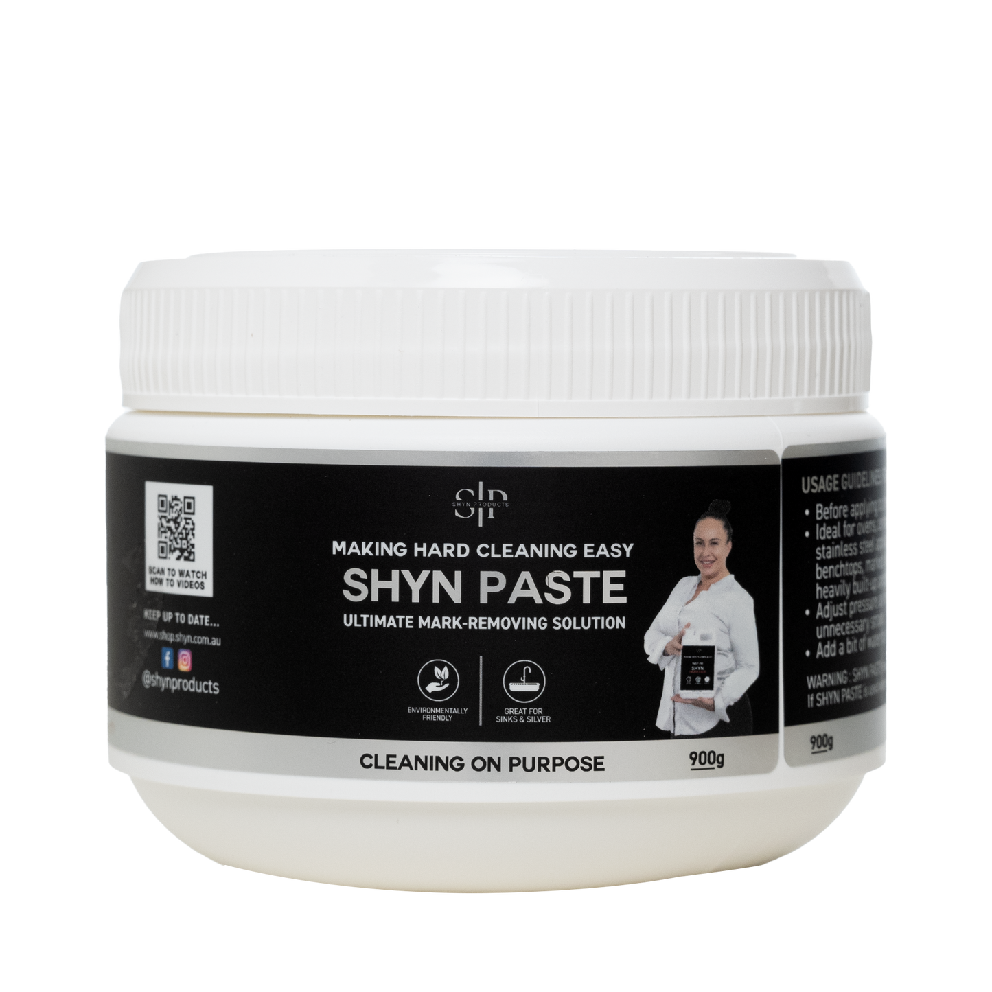 white container with a lid with a 900g shyn paste label