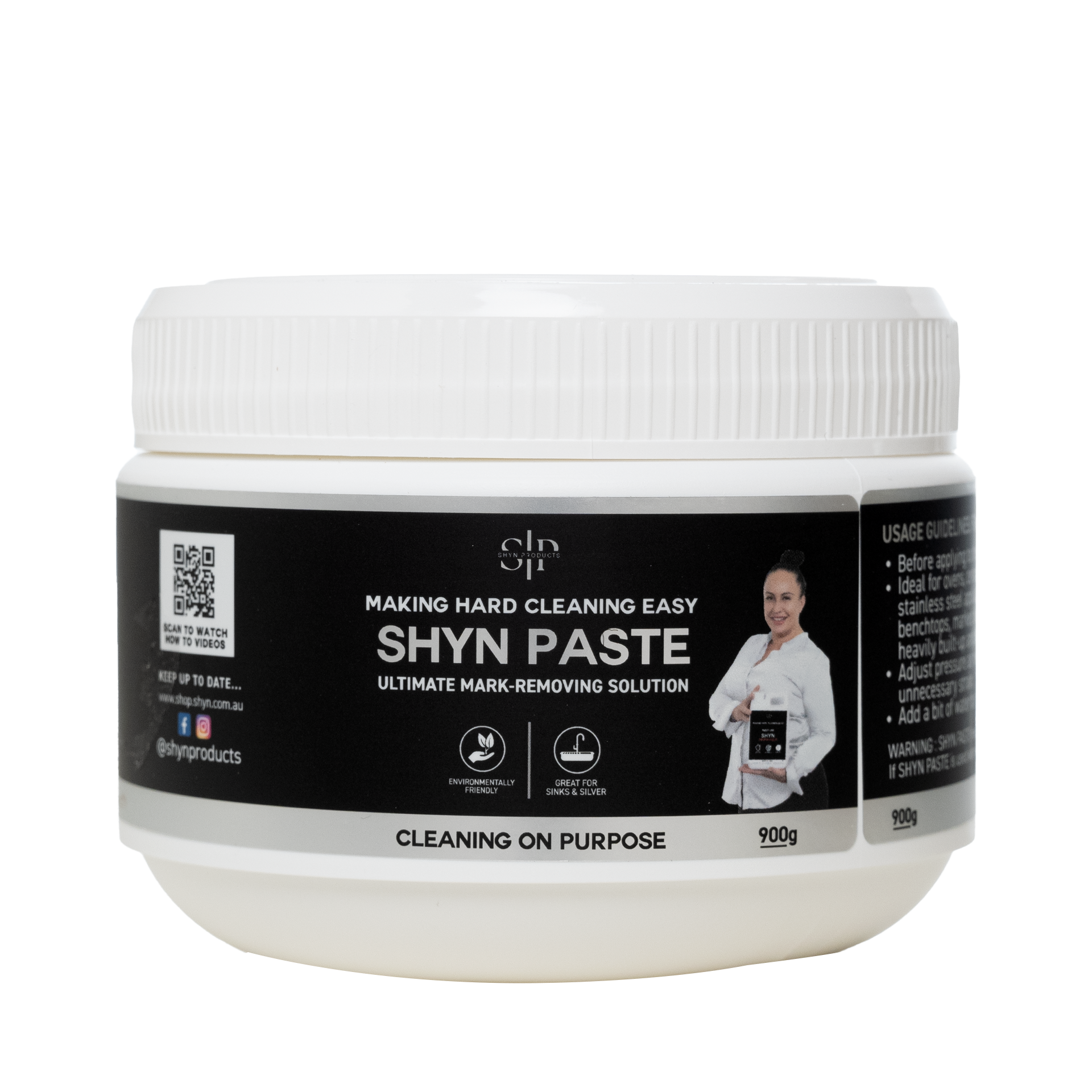 white container with a lid with a 900g shyn paste label