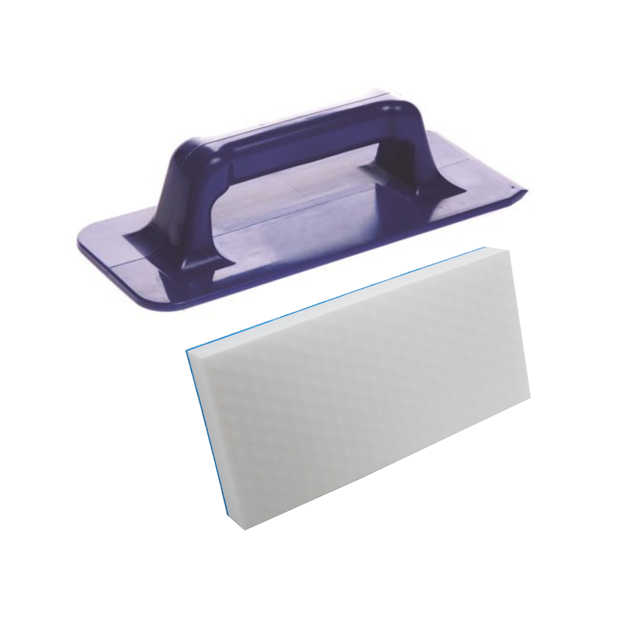 Blue plastic pad holder and white magic eraser on a white background