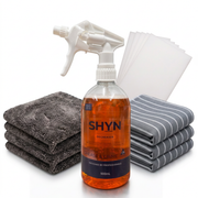 1 500ml SHYN Degreaser, 3 SHYN Drying cloth, 3 SHYN Ultimate microfibre cloths, 1 packet of SHYN Magic eraser sheets