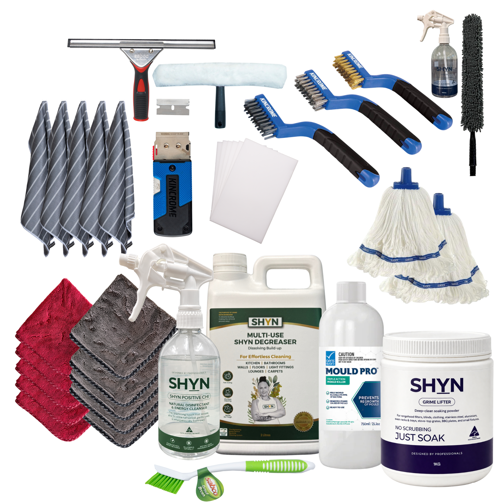 A comprehensive cleaning kit collection featuring multiple cleaning tools and products including sponges, 5 grey SHYN Ultimate cloths, 5 red SHYN Ultimate cloths brushes, 5 grey drying cloths, mops, a window squeegee, window washer, a spray bottle, a 500ml SHYN degreaser, grey flexi duster, 500ml positive chi a 750ml mould pro, a SHYN Grime lifter jar, magic eraser sheets, long bristle brush, and kincrone scraper all arranged on a plain white background.