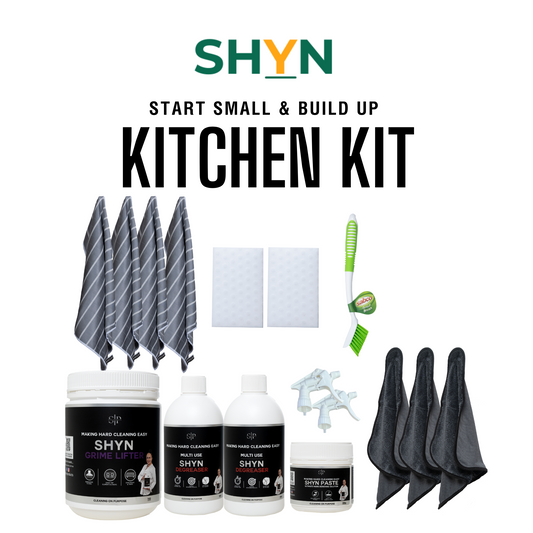 3 SHYN ULTIMATE MICROFIBRE CLOTHS, 4 SHYN DRYING CLOTHS, 1 500ML SHYN DEGREASER, 1 EMPTY 500ML BOTTLE, 2 TRIGGERS, 2 SHYN 
MAGIC ERASERS, 1 1KG SHYN GRIME LIFTER, 1 350G MEDIUM SHYN PASTE, 1 SABCO LONG BRISTLE BRUSH 
