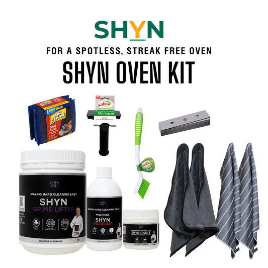 1KG shyn grime lifter, 3 pack of steel scrubs, 500ml shyn degreaser, 350g shyn paste, sabco long bristle brush, double sided scraper, 10 pack of blades, 2 shyn ultimate microfibre cloths, 2 shyn drying cloths
 
