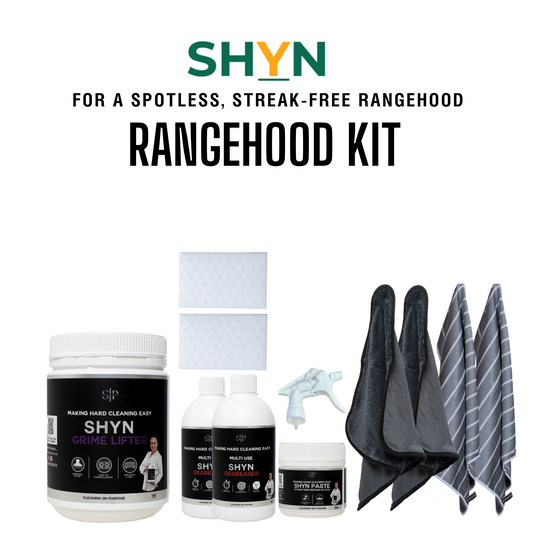 1KG SHYN GRIME LIFTER, 1 500ML SHYN DEGREASER, 1 EMPTY 500ML BOTTLE AND TRIGGER, 1 350G SHYN PASTE, 2 SHYN MAGIC ERASERS, 2 SHYN DRYING CLOTHS, 2 HYN ULTIMATE MICROFIBRE CLOTHS
