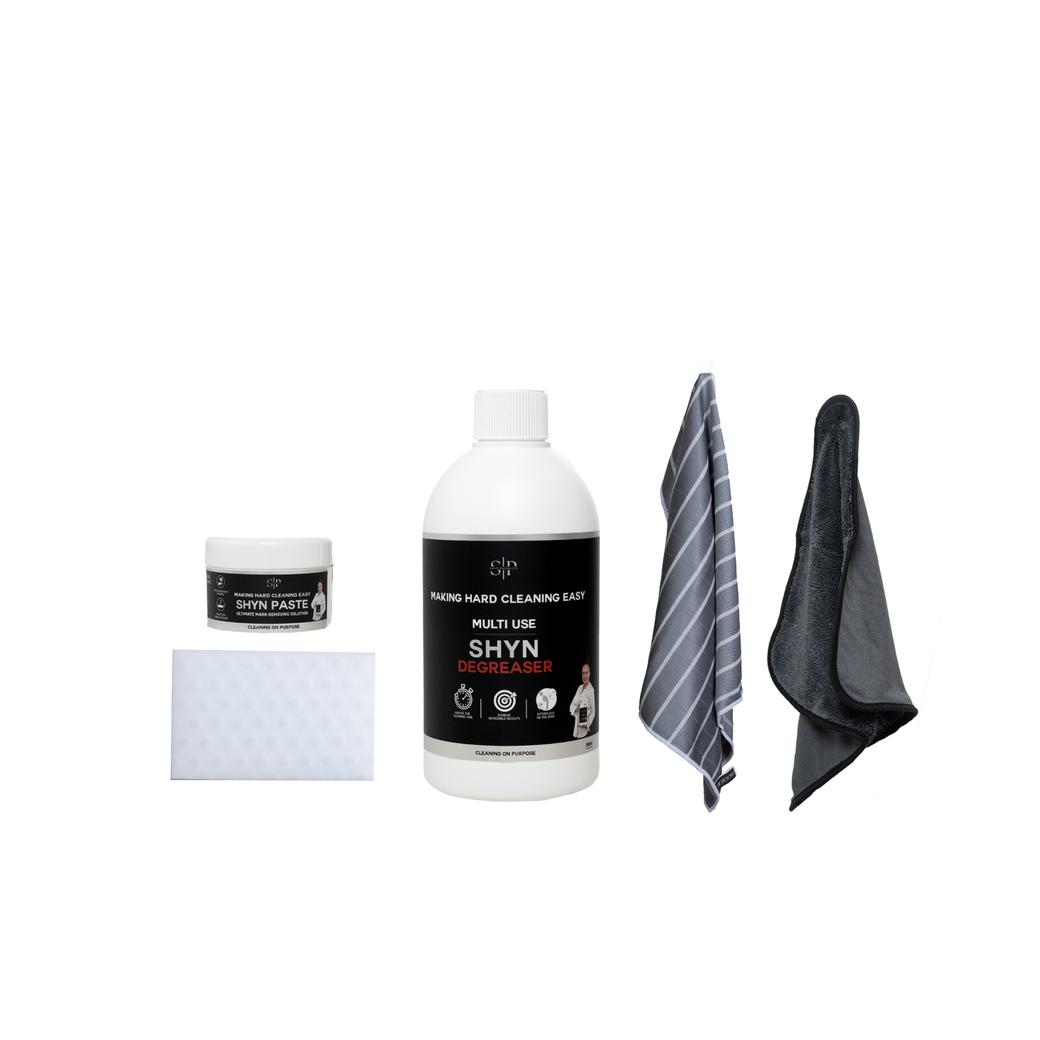 1 shyn drying cloth, 1 shyn ultimate microfibre cloth, 1 shyn double strength magic eraser, 1 500ml shyn degreaser, 1 small paste