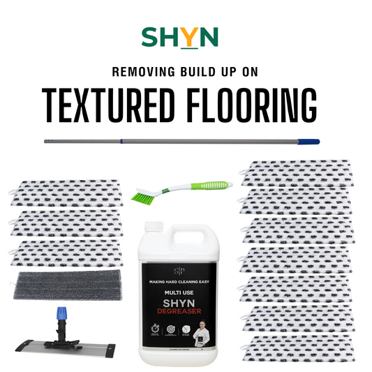 10 40cm white and black agitator microfibre pads, 1 40cm power scrub pad, 1 5L shyn Degreaser, 1 rail base, 1 green and white sabco long bristle brush, 1  1.8m extendable silver and blue pole 