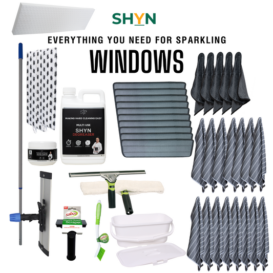 10 40cm shyn drying pads, 20  50cm x40cm shyn drying cloths, 5 shyn ultimate microfibre cloths, 1 sabco window kit, washer, squeegee and bucket, 2l shyn degreaser, 3 agitator pads, 1 double sided scraper, 1 wall and floor tool, 1 large shyn paste, 1 shyn double strength 40cm  magic eraser with extra little melamine bubbles, 1 sabco long bristle brush 