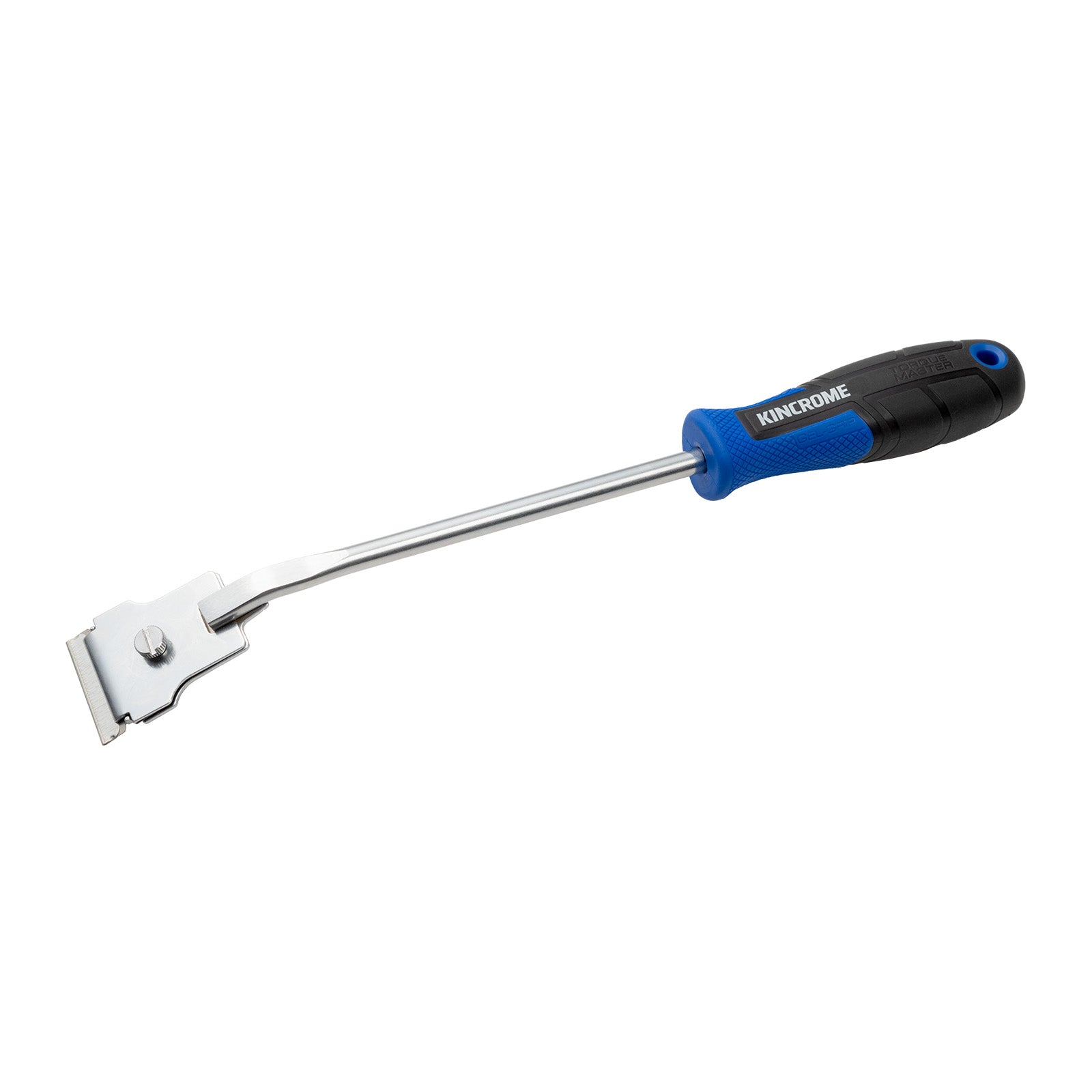 A Kingchrome scraper tool with a long silver metal shaft, a silver metal scraper blade, and a blue and black ergonomic handle, shown on a plain white background.
