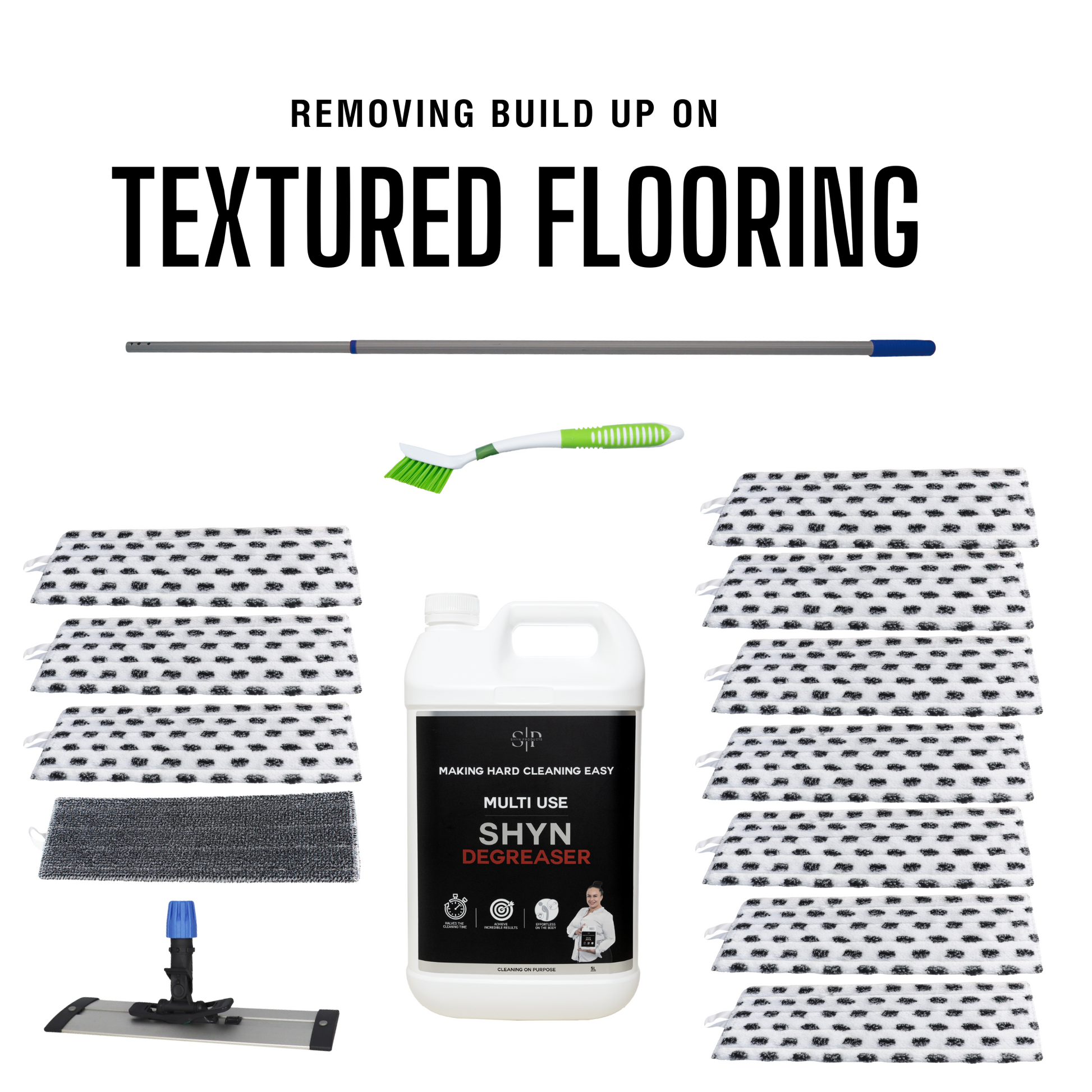 10 40cm white and black agitator microfibre pads, 1 40cm power scrub pad, 1 5L shyn Degreaser, 1 rail base, 1 green and white sabco long bristle brush, 1  1.8m extendable silver and blue pole 