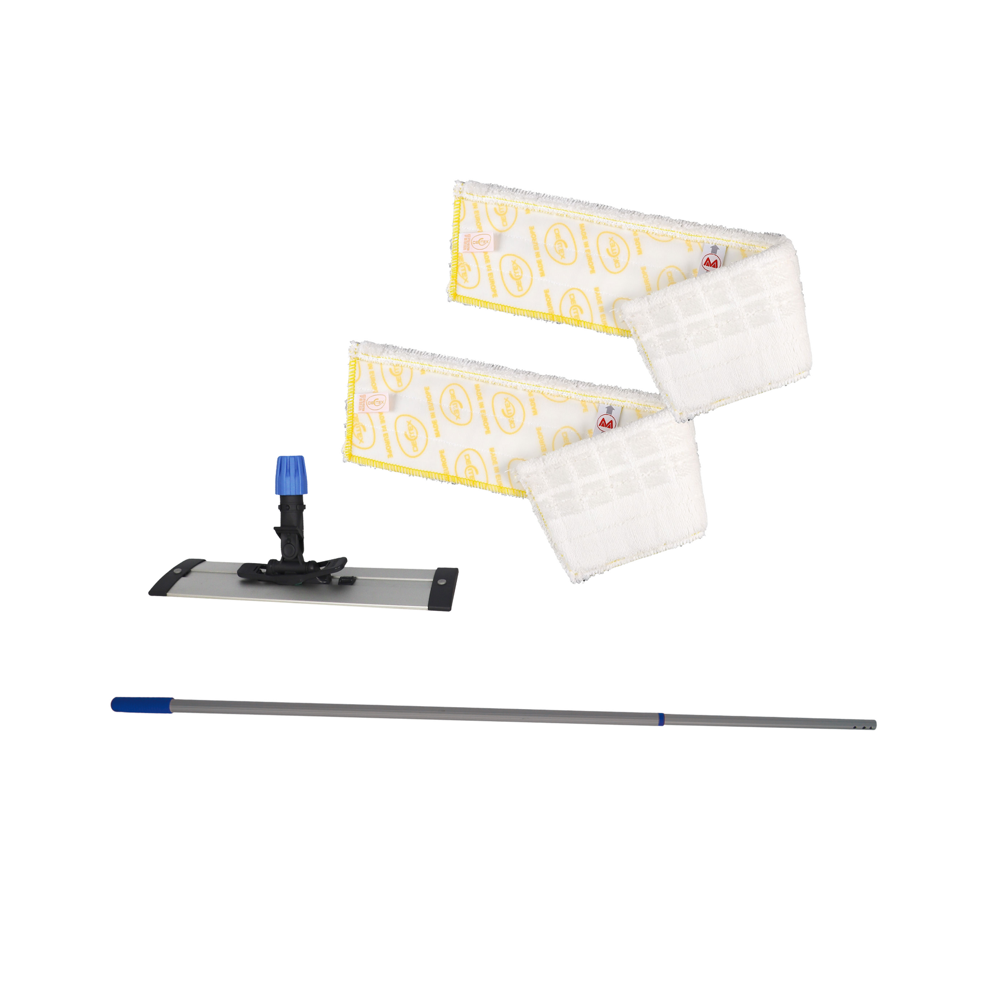 2 metre extendable pole, 40cm rail base, 2 microfibre pads 