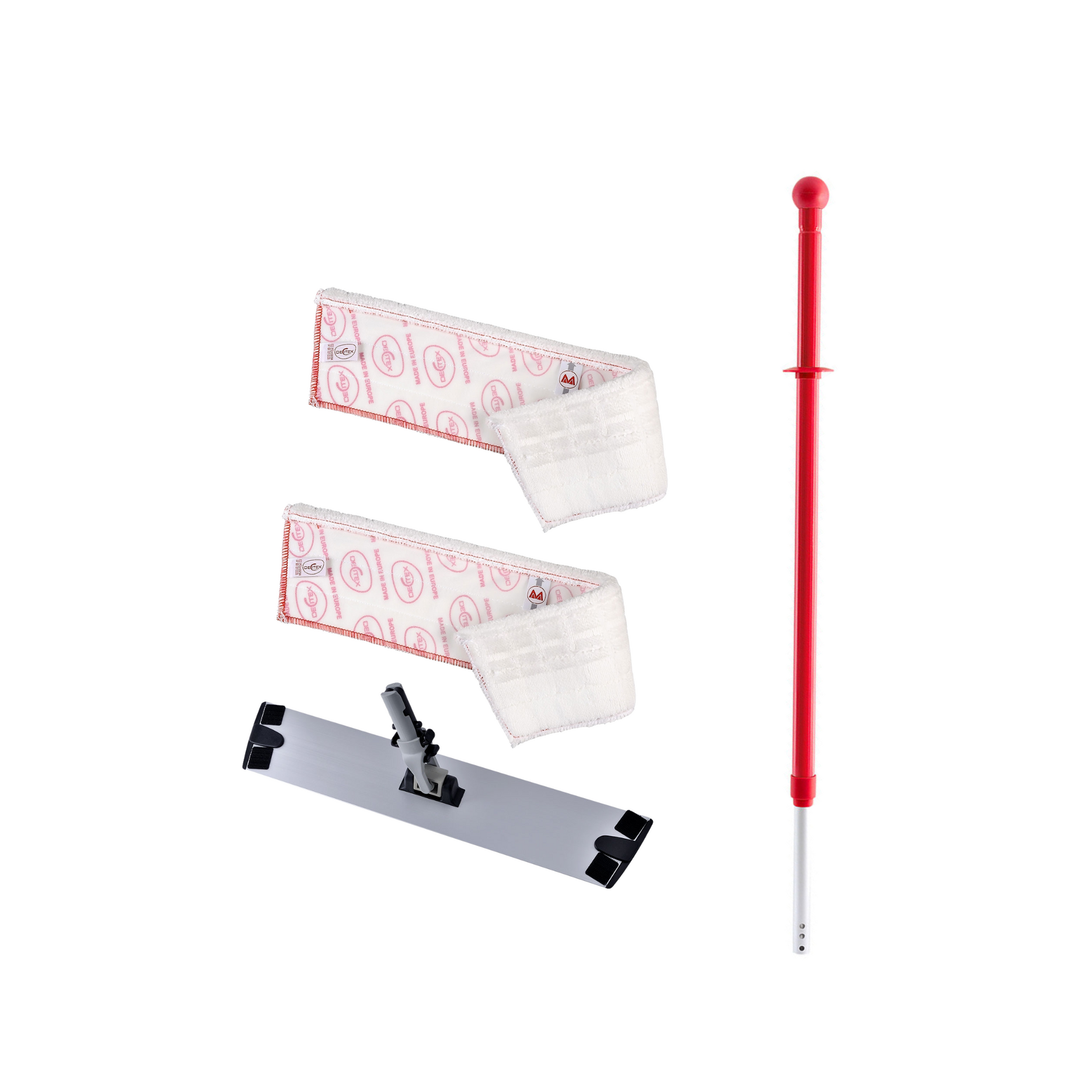 2 metre extendable pole, 40cm rail base, 2 microfibre pads 