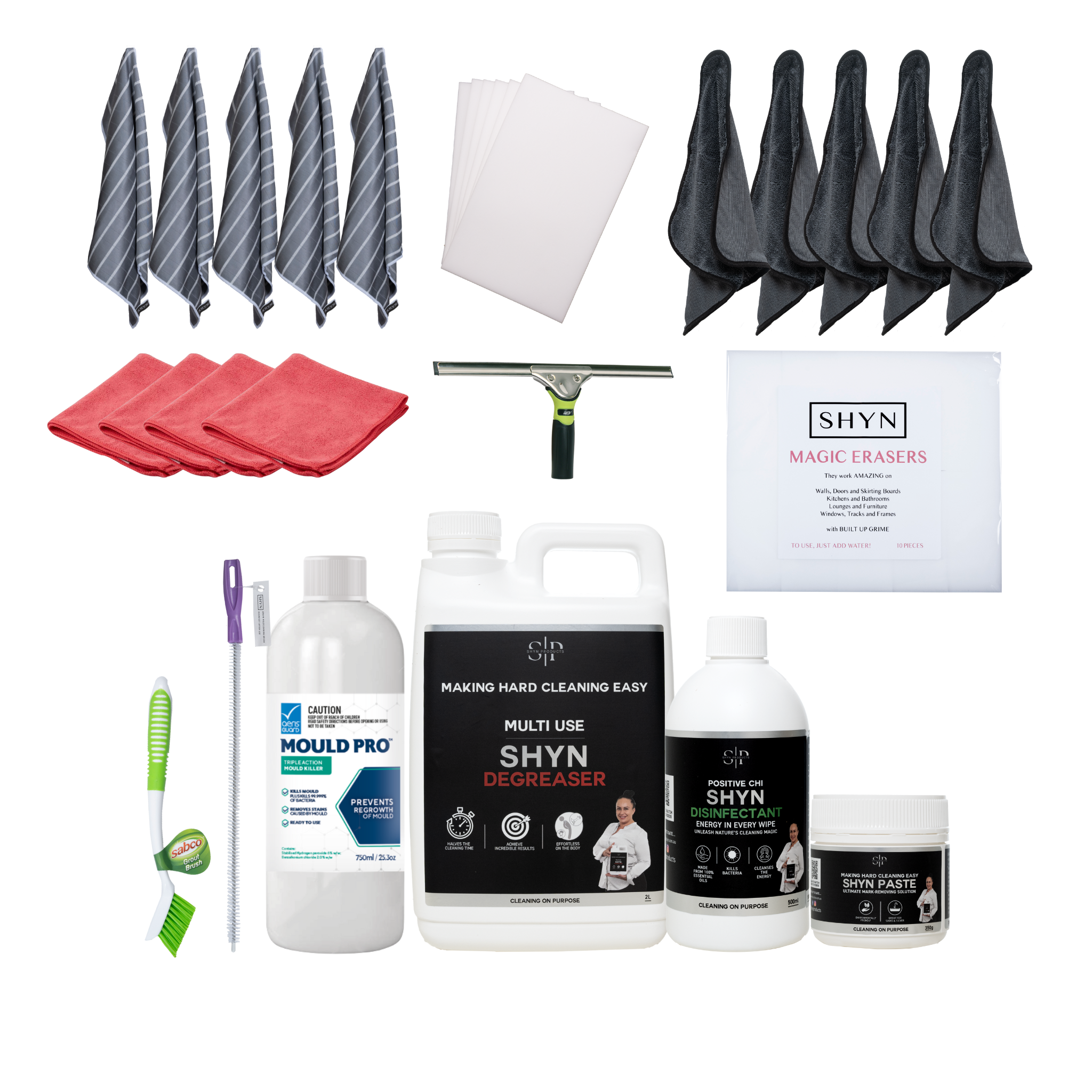 5 sabco professional red microfibre cloths, 5 shyn ultimate microfibres, 2l shyn degreaser. 5 shyn drying cloths,  medium 350g shyn paste, 1 500ml shyn positive chi disinfectant, 1 35cm sabco squeegee, 1 pack of 20 shyn magic eraser wipes, 1 10 pack of shyn magic erasers, 1 shyn drain brush, 1 long bristle brush, 1 750ml aeris mould pro