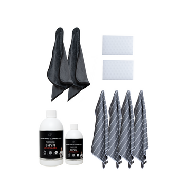 2 SHYN ULTIMATE MICROFIBRE CLOTHS, 4 SHYN DRYING CLOTHS, 1 500ML SHYN DEGREASER, 1 EMPTY 500ML BOTTLE, 2 TRIGGERS, 2 SHYN 
MAGIC ERASERS 