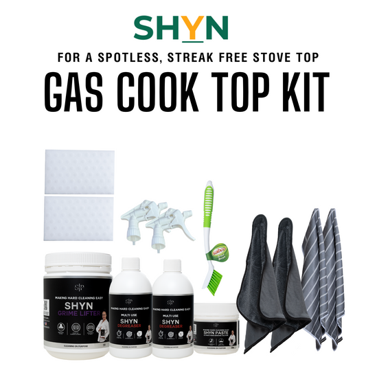 1kg shyn grime lifter, 500ml shyn degreaser, 1 empty bottle and trigger, 1 35g shyn paste, 2 shyn ultimate cloths, 2 shyn drying cloths, 2 shyn magic erasers, 1 sabco long bristle brush