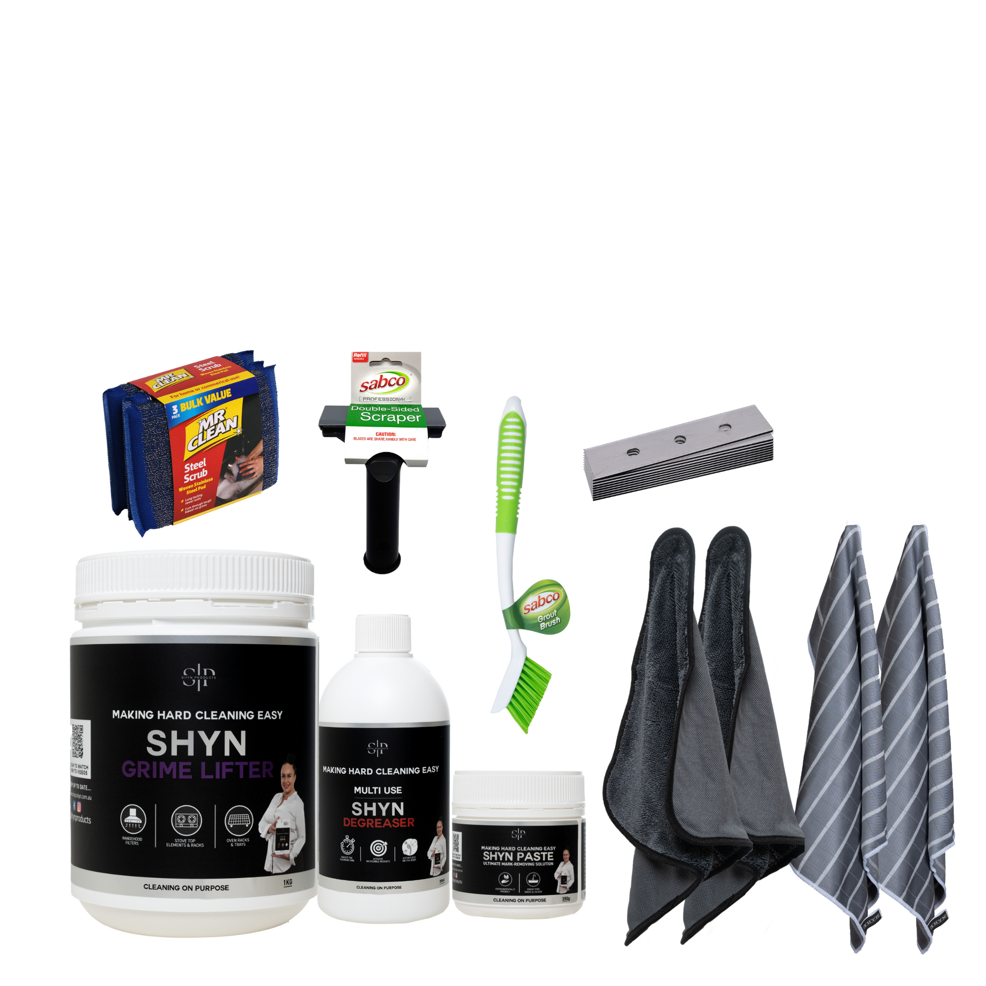 1KG shyn grime lifter, 3 pack of steel scrubs, 500ml shyn degreaser, 350g shyn paste, sabco long bristle brush, double sided scraper, 10 pack of blades, 2 shyn ultimate microfibre cloths, 2 shyn drying cloths
 