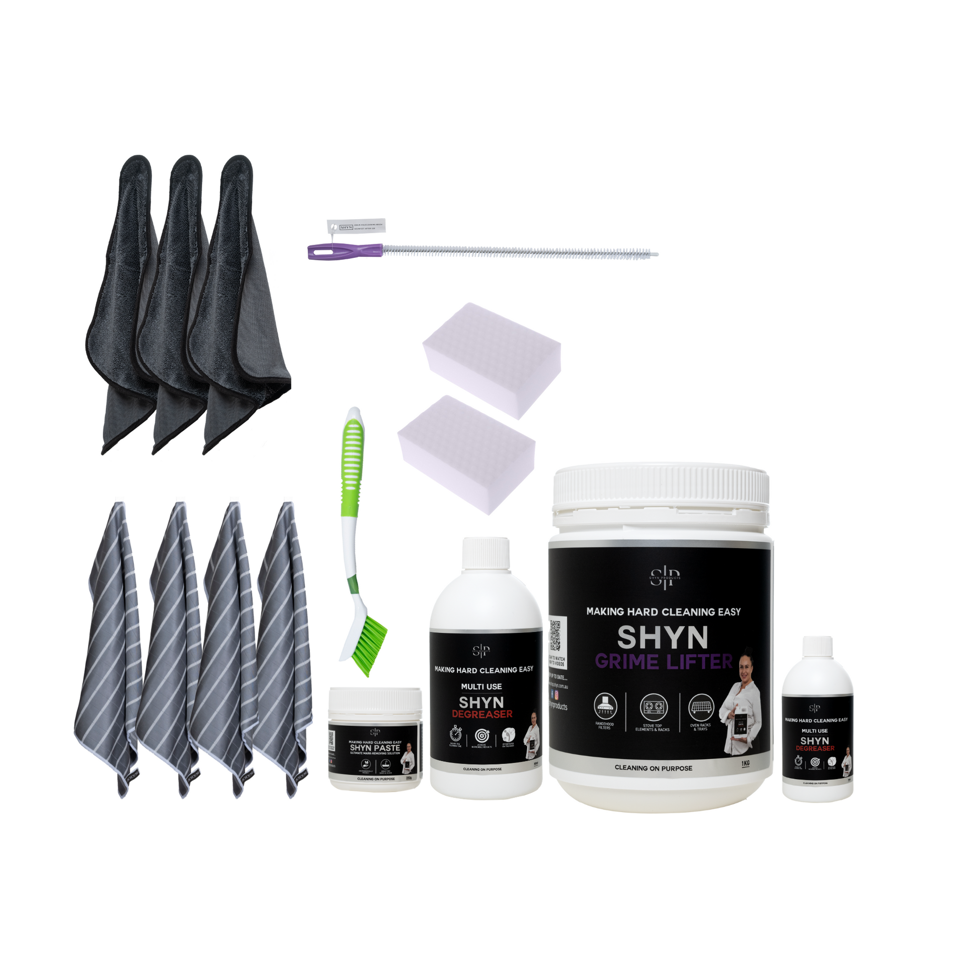 3 SHYN ULTIMATE MICROFIBRE CLOTHS, 4 SHYN DRYING CLOTHS, 1 500ML SHYN DEGREASER, 1 EMPTY 500ML BOTTLE, 2 TRIGGERS, 2 SHYN 
MAGIC ERASERS, 1 1KG SHYN GRIME LIFTER, 1 350G MEDIUM SHYN PASTE, 1 SABCO LONG BRISTLE BRUSH 
