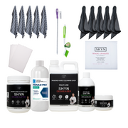 5 ultimate microfibre cloths, 5 shyn drying cloths, 2L SHYN Degreaser, 500ml shyn positive chi, 1kg grime lifter, large 900g shyn paste, 20 pack magic eraser wipes, 10 pack of shyn magic erasers, 1 drain brush, i long bristle brush 
