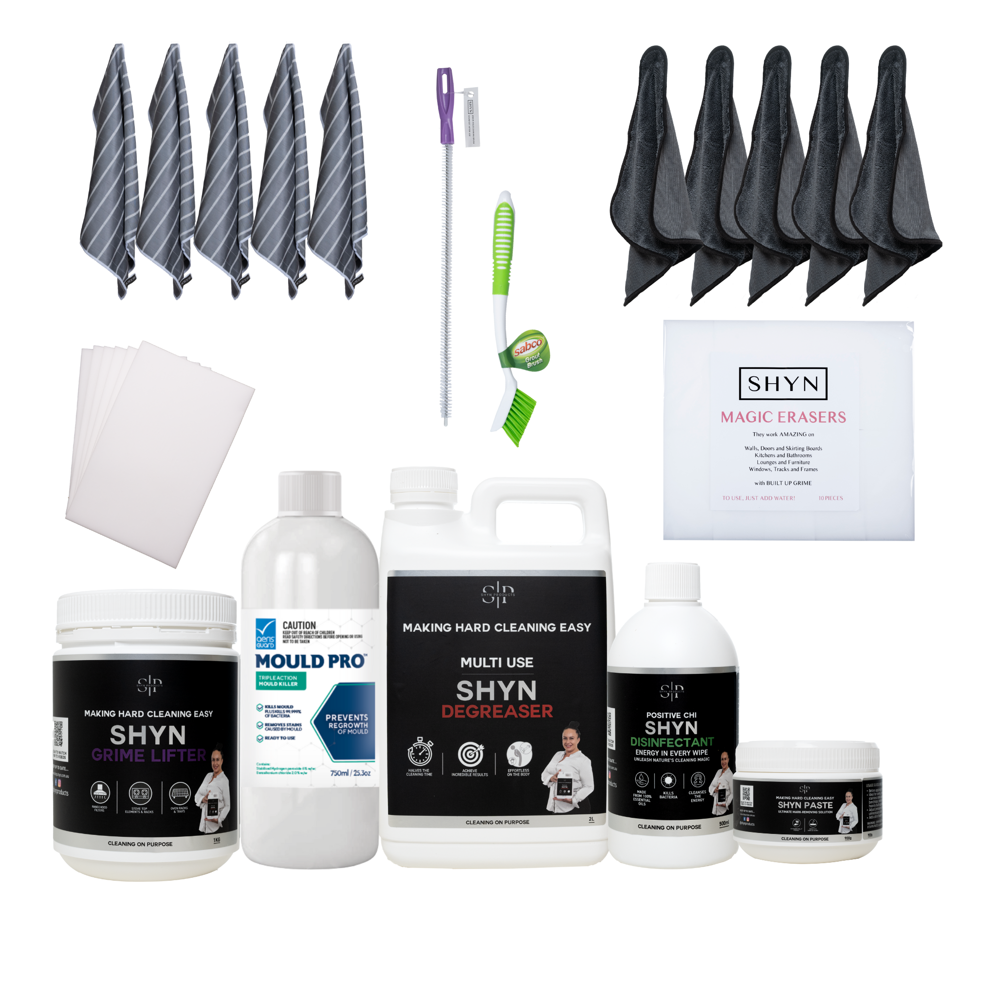 5 ultimate microfibre cloths, 5 shyn drying cloths, 2L SHYN Degreaser, 500ml shyn positive chi, 1kg grime lifter, large 900g shyn paste, 20 pack magic eraser wipes, 10 pack of shyn magic erasers, 1 drain brush, i long bristle brush 
